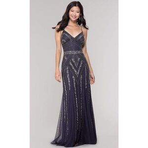 Marina Beaded V-Neck Spaghetti Strap Gown Maxi Navy Dress Wedding Event